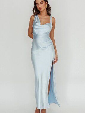 Selfie Leslie Light Blue Satin Maxi Dress with Side Slit